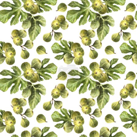 Branch of juicy, ripe green figs with leaves and whole fruit Food, plant seamless pattern. Clipart for packaging, wallpaper, textiles, fabric watercolor painted illustration. Isolated white background