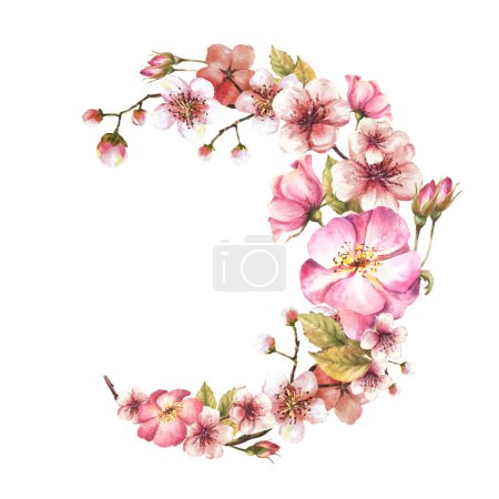 Watercolor blossoming spring sakura or cherry tree branch wreath with rosehip, dog or brier rose buds and flowers. Springtime hand drawn clipart for label, card. Isolated illustration white background