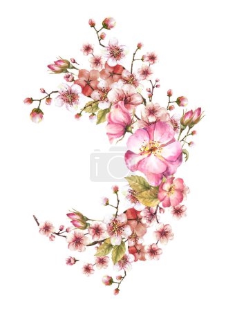 Aquarell blühender Frühlingssakura oder Kirschbaumzweigkranz mit Hagebutten, Hundsknospen und Blüten. Handgezeichneter Frühlingskranz für Etikett, Karte. Isolierte Abbildung weißer Hintergrund