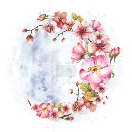 Blossoming spring sakura or cherry tree branch wreath with rosehip, dog or brier rose buds and flowers on watercolor splashes background Springtime hand drawn greeting card print Isolated illustration