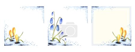 Watercolor painting spring primary flowers blue scylla, crocuses, yellow saffron sprouting through the snow. Melting snow springtime landscape card set template Isolated Watercolor splashes background