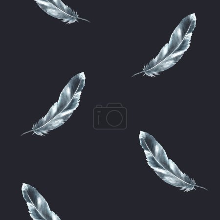 Watercolor seamless pattern with monochrome bird feather grey black color with granulation of shades, ornaments. Quills wings drawing illustration. Wallpaper wrapping fabric Isolated dark background