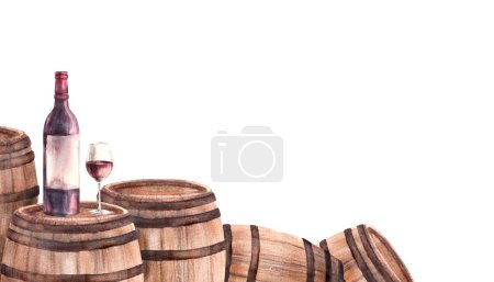 Un groupe de vieux tonneaux en bois avec des bouteilles et des verres de vin rouge. Aquarelle dessin à la main illustration alimentaire isolé fond blanc Modèle de fabrication de vin pour bannière, carte, menu de boissons, impression de la carte des vins