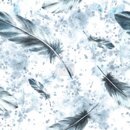 Watercolor seamless pattern Monochrome bird feathers on grey watercolor stains background with granulation of shades, ornaments. Quills wings drawing illustration. Wallpaper wrapping fabric Isolated