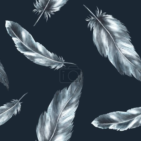 Watercolor seamless pattern with monochrome bird feathers grey black color with granulation of shades, ornaments. Quills wings drawing illustration. Wallpaper wrapping fabric Isolated black background