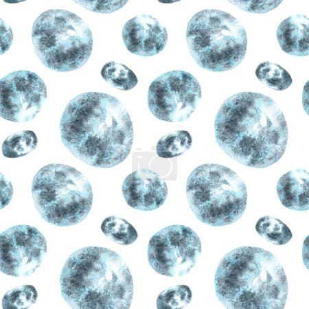 Hand painted watercolor abstract seamless pattern with round spots balls. Monochrome illustration, gradient gray, blue, black brush strokes. For fabric, packaging, wallpaper. Isolated white background