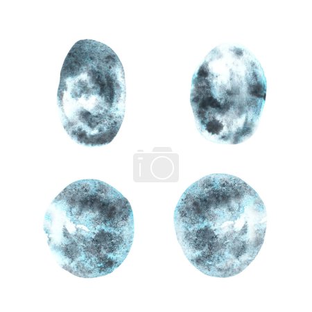 Hand painted watercolor abstract round spots set Illustration. Monochrome gradient gray, blue and black spots and splashes, brush strokes.Perfect background for card print, sticker, logo. Isolated