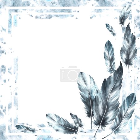 Watercolor painted monochrome frame. Bird grey feathers with watercolor stains, brush stroke, splashes background. Real wings card template illustration. Clipart for print. Isolated white background