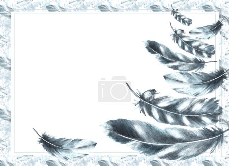 Watercolor monochrome banner. Bird gray black feathers with granulation of shades and natural ornaments. Real wings Hand drawn template illustration. Clipart for card print. Isolated white background