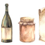 Watercolor bottles of red, white wine, jar of homemade jam, marmalade, piece of old vintage paper sheet, scroll Food drink clipart for menu, sticker. Hand drawn illustration. isolated white background