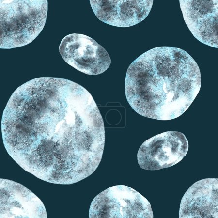 Hand painted watercolor abstract seamless pattern with round spots balls. Monochrome illustration, gradient gray, blue, black brush strokes. For fabric, packaging, wallpaper. Isolated dark background