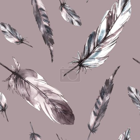 Watercolor bird feathers seamless pattern. Monochrome feathers, grey black color with graphic ink line. Quills wings drawing illustration Wallpaper wrapping fabric print. Isolated coloured background