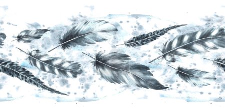 Watercolor seamless border with monochrome bird feathers grey color with granulation of shades on watercolor splashes, stains background. Quills wings drawing illustration. Wrapping, fabric Isolated