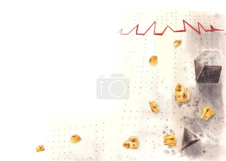 Bouldering wall with different yellow climbing stones banner, template.Extreme sports equipment Hand paint watercolor isolated illustration on white background For your postcards, flyers, invitation.