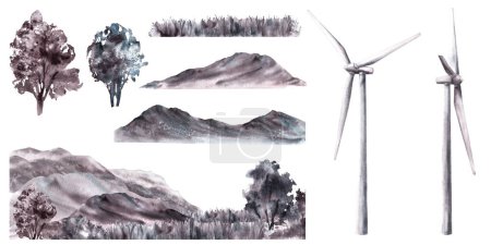 Monochrome landscape constructor with windmills, wind turbine, hills, mountains, grass and trees. Hand drawn watercolor illustration. Eco energy, environmental protection isolated white background