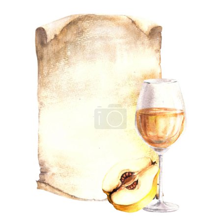 Photo for Quince fruit with glass of wine or juice. Yellow cut fruit on vintage paper background, alcoholic beverage menu, wine list template. Liquor, schnapps label Watercolor hand drawn illustration Isolated - Royalty Free Image