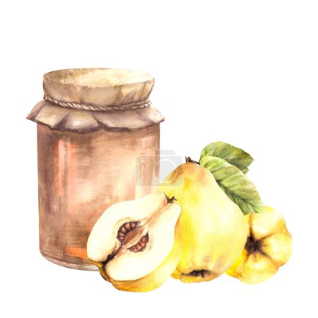 Quince fruit jam in a retro glass jar, ripe yellow whole and cut fruit slice. Watercolor hand drawn illustration. Fruit Jelly, marmalade or drink label, sticker, logo print. Isolated white background.