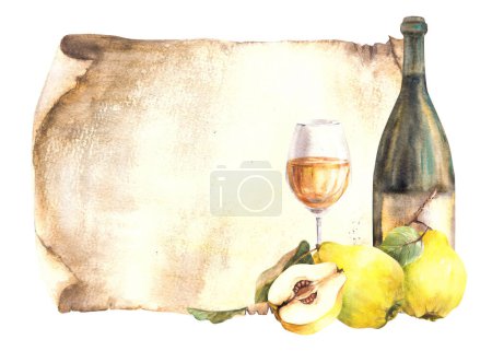 Photo for Quince fruit with bottle and glass of wine or juice. Yellow whole and cut fruit on vintage paper background, menu, wine list template Liquor, schnapps label Watercolor hand drawn illustration Isolated - Royalty Free Image