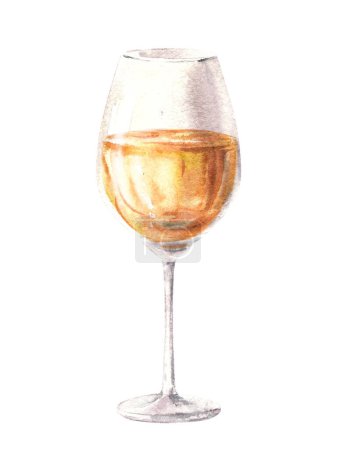 Glass of white wine, drink juice, liqueur, schnapps, champagne. Watercolor illustration. Drinking clipart for winemaking, wine list, bar, restaurant menu, sticker, print. Isolated white background. 