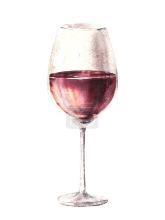 Glass of red wine, drink juice, liqueur, schnapps, champagne. Watercolor illustration. Drinking clipart for winemaking, wine list, bar, restaurant menu, sticker, print. Isolated on white background. 