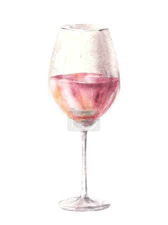 Glass of rose wine, drink juice, liqueur, schnapps, champagne. Watercolor illustration. Drinking clipart for winemaking, wine list, bar, restaurant menu, sticker, print. Isolated on white background. 