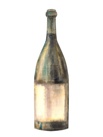 Une bouteille de vin blanc. Boisson alcoolisée, liqueur, schnaps, jus. Aquarelle illustration dessinée à la main. Vinification du raisin Menu boisson, carte des vins, étiquette, autocollant imprimé. Isolé clipart fond blanc