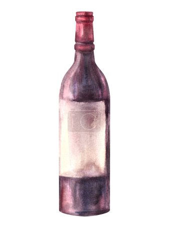 Bottle of red wine. Alcoholic beverage, liqueur, schnapps, juice. Watercolour hand drawn illustration. Grape winemaking. Drink menu, wine list, label, sticker print. Isolated clipart white background.