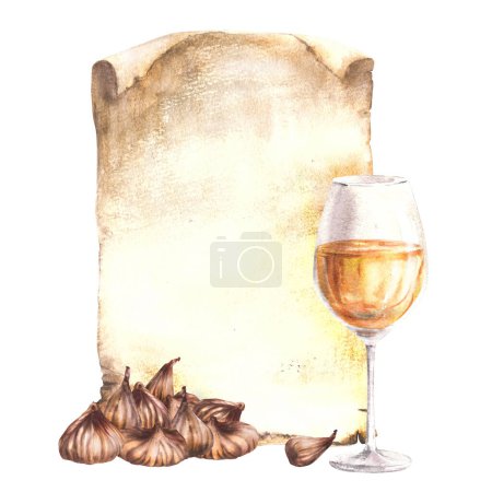 Photo for Dried figs fruit with glass of white wine or juice on vintage paper background. Alcoholic beverage drink menu, wine list template, liquor, schnapps label. Watercolor food painted illustration Isolated - Royalty Free Image