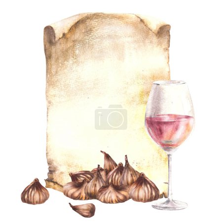 Photo for Dried figs fruit with glass of alcoholic drink or wine on vintage paper background. Beverage drink menu, wine list template, liquor, schnapps label. Watercolor food hand drawn illustration Isolated - Royalty Free Image