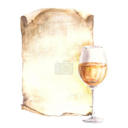 Glass of white wine, drink against old papyrus leaf, vintage paper background, menu, wine list. Wine making template for flyers, card print. Watercolour hand draw food illustration isolated background