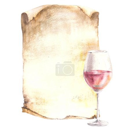 Copa de vino de rosas, bebida contra la hoja de papiro viejo, fondo de papel vintage, menú, lista de vinos. Plantilla de elaboración de vino para volantes, tarjeta. Acuarela mano dibujar alimentos ilustración aislado fondo blanco