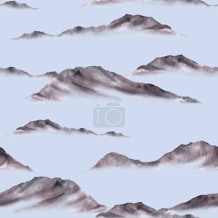 Monochrome watercolor landscape. Mountain ranges and hills silhouettes, peaks, foggy hilly terrain. Seamless pattern Hand drawn watercolor illustration. Inky grey black nature Isolated blue background