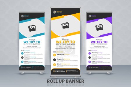 Illustration for Roll up banner design template Presentation, vertical, abstract background, pull up design, modern x-banner - Royalty Free Image