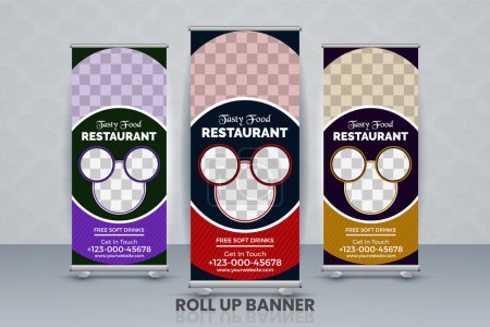 Illustration for Food Roll up banner design template Presentation, vertical, abstract background, pull up design, modern x-banner - Royalty Free Image