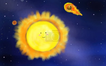 Lindo sol sonriente y cometa en un cielo estrellado. Ilustración cósmica caprichosa con cuerpos celestes felices. Concepto de arte con temática espacial, astronomía infantil, estrellas felices y universo lúdico.