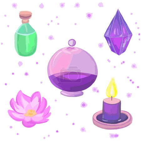 Illustration for Set of magical things purple glass flask and crystal and candle and flower and green vial with potion. Magic elixir. Witch attributes. Alchemy, spirituality, chemistry. Vector - Royalty Free Image