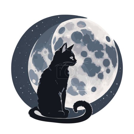 Un chat noir est assis sur la toile de fond de la lune. Illustration mystérieuse mystique, mysticisme. Illustration vectorielle isolée. Idéal fond d'Halloween, tatouage art, spiritualité, design boho.
