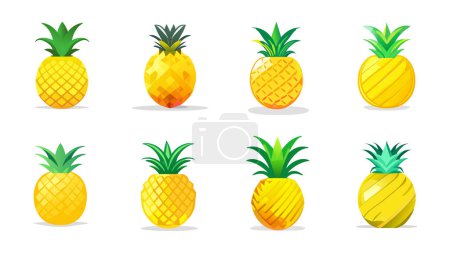 Illustration for Set of pineapples of different types in flat style. Collection of yellow pineapples with green leaves, vector isolated on white. For graphic, web design, logo, print, icon, card, emblem, label - Royalty Free Image