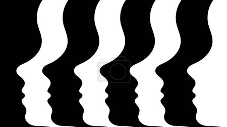 Illustration for Alternating black and white silhouettes of faces in profile in a row. Optical illusion. Surreal image of the crowd. The concept of uniformity and mass character. Contrast, monochrome vector. - Royalty Free Image