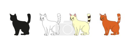 Ilustración de Gato o gatito. Gato blanco, rojo, silueta y contorno de gato. Vector aislado. Dibujos animados. Mascotas y amigos. Para icono, insignia, emblema, impresión, textil, tienda de mascotas, impresión de regalo, libro para colorear para niños, cubierta - Imagen libre de derechos