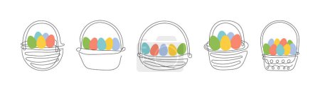 Set of wicker baskets with colorful Easter eggs. Continuous one line drawing. Illustration on white background. Minimalist. Design elements. Perfect for Easter promotion, greeting card, holiday banner