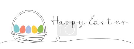 Wicker basket with colorful Easter eggs and a Happy Easter greeting. Continuous one line drawing. Isolated on white background. Minimalist style. Greeting cards, holiday banner.