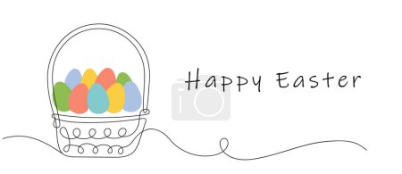 Wicker basket with colorful Easter eggs and Happy Easter greeting. Continuous one line drawing. Isolated on a white background. Minimalist style. Greeting cards, holiday banner.