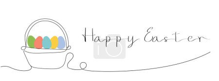 Wicker basket with colorful Easter eggs and Happy Easter greeting. Continuous one line drawing. Isolated on white background. Minimalist style. Greeting cards, holiday banner.