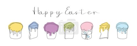 Set of colorful Easter Kulich cakes with icing. With text Happy Easter. Continuous one line drawing. Traditional Ukrainian Easter cupcakes. Vector illustration isolated on white. Design element