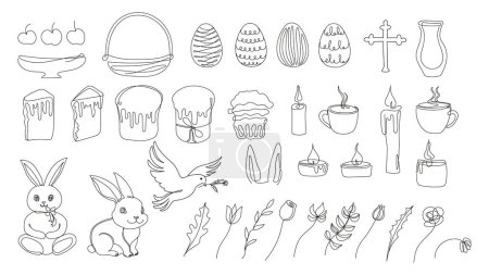 Easter Set in continuous one line style with design elements like bunny, eggs, dove, candles, cross, Easter cakes, mugs, flowers. Black vector on white. Clipart. For greeting card, textile, print