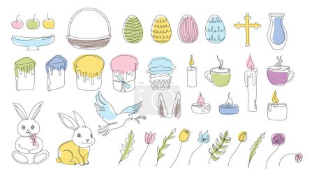 Easter Set in continuous one line style with design elements like bunny, eggs, dove, candles, cross, Easter cakes, mugs, flowers. Colorful vector on white. Clipart. For greeting card, textile, print