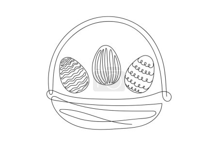 Wicker basket with Easter eggs. Continuous one line drawing. Black vector illustration isolated on white background. Festive decoration. For Easter promotions, greeting cards, holiday invitations