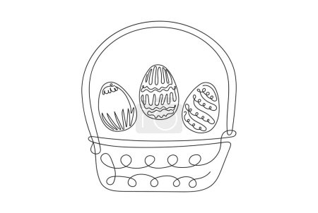 Wicker basket with Easter eggs. Continuous one line drawing. Black vector illustration isolated on white backdrop. Festive decoration. For Easter promotions, greeting cards, holiday invitations