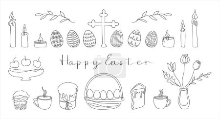 Easter Set in continuous one line style with design elements like Easter cakes, eggs, candles, cross, mugs, flowers, cupcake. Black and white vector. Clipart. Easter card with Happy Easter greeting.